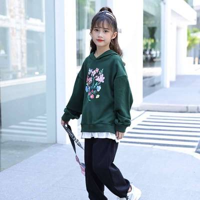 女童衛衣春秋中小童長袖連帽衛衣假兩件可愛印花衛衣女孩休閑上衣