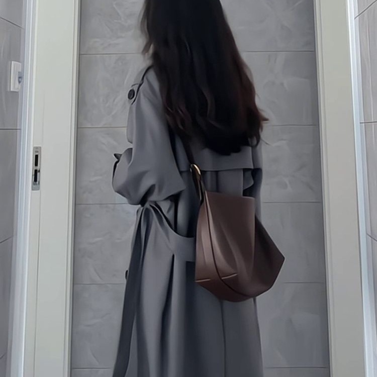 超好看灰色风衣外套女中长款2025早秋新款韩系小个子高级翻领大衣|undefined