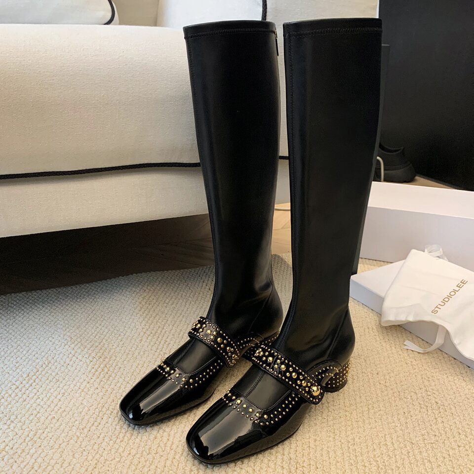 Bốt ngắn nữ mũi vuông bằng da bò nguyên miếng, gót vừa 3–5 cm, đế dày, khóa kéo phía sau — Màu trắng (giày bốt ngắn), Màu đen (giày bốt ngắn), Đen (bốt)
