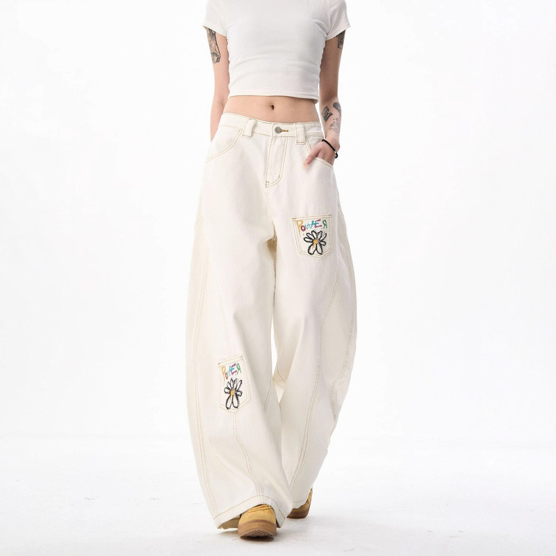 Cross-Border Shopee New White Daisy Printed Curved Knife Jeans Women's American Pocket Deconstructed Wide-Leg Pants