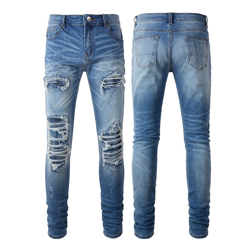 Herrenbekleidung Slim Fit Street Style Marke abgenutzte Löcher Jeans Patch Bettler Jeans Herren Lieferung_voghion.com