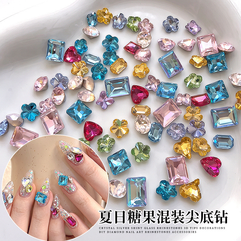 Summer candy soda colorful mixed nail art rhinestones, ice sugar-shaped, pointed-bottom crystal nail decorations, wearable nail accessories Summer candy soda colorful mixed nail art rhinestones, ice sugar-shaped, pointed-bottom crystal nail decorations, wearable nail accessories