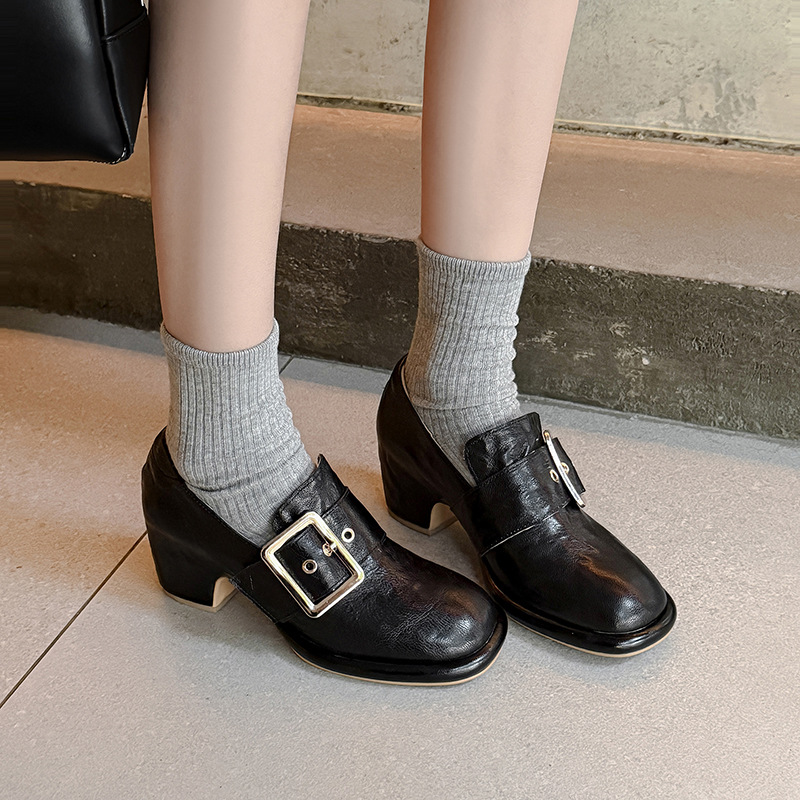 Giày cao gót nữ loafer da cừu gót vuông 7 cm — màu nâu
