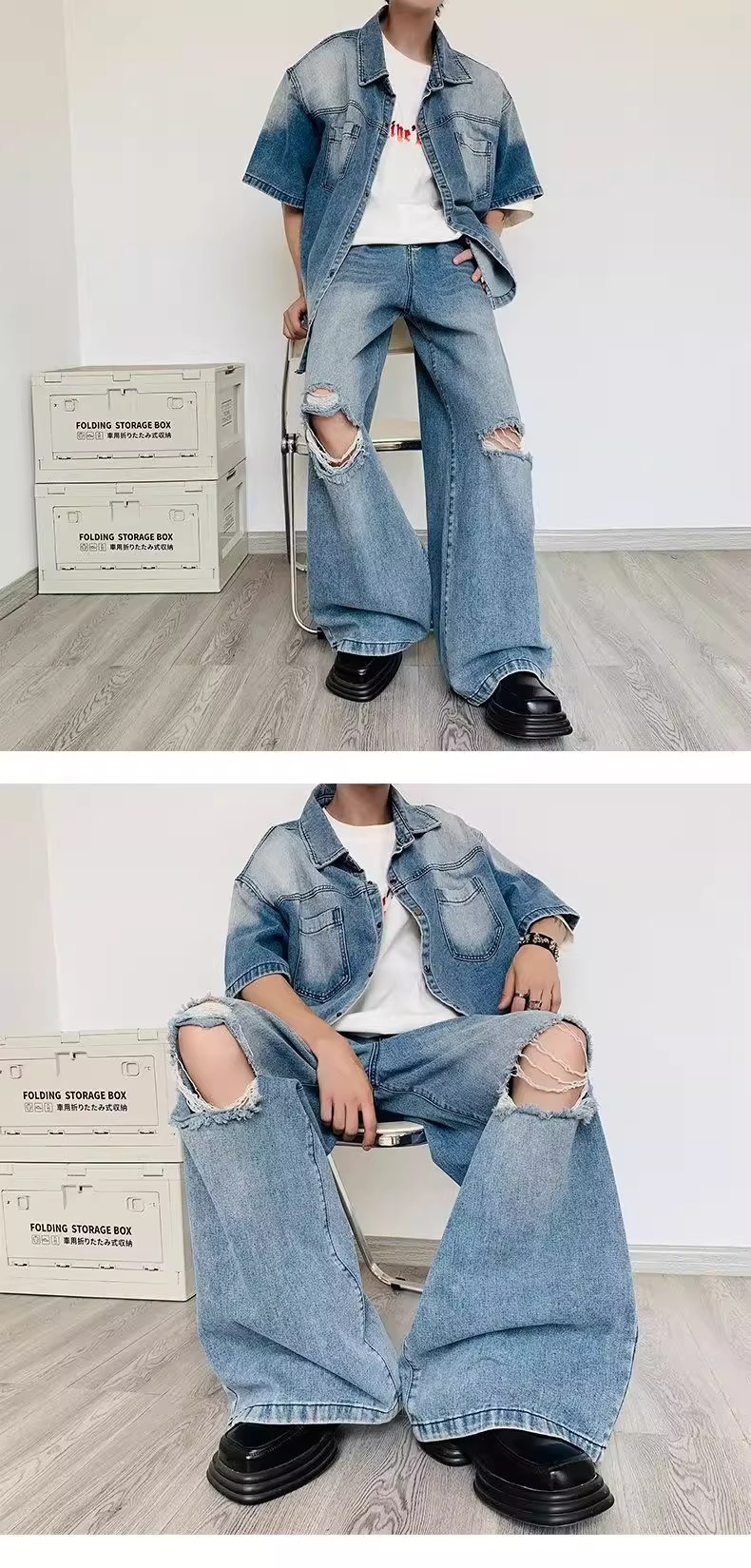 Camicia in denim vintage rétro e jeans strappati da uomo_voghion.com