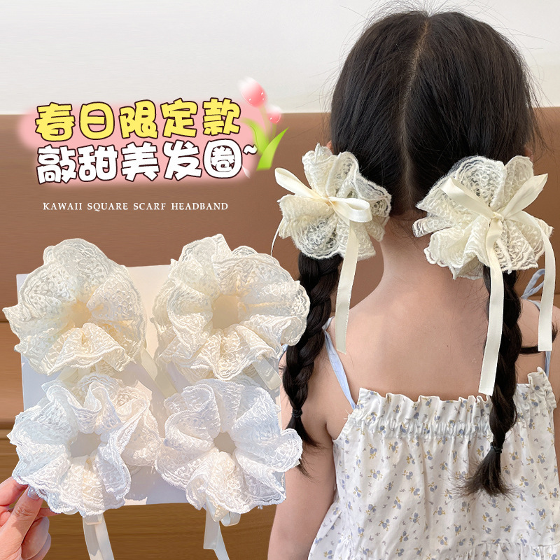 女の子用レース巾着ヘアゴム、蝶結び、ダブルボールヘッド、フラワーヘアロープ、ベビーポニーテールヘアロープ|undefined