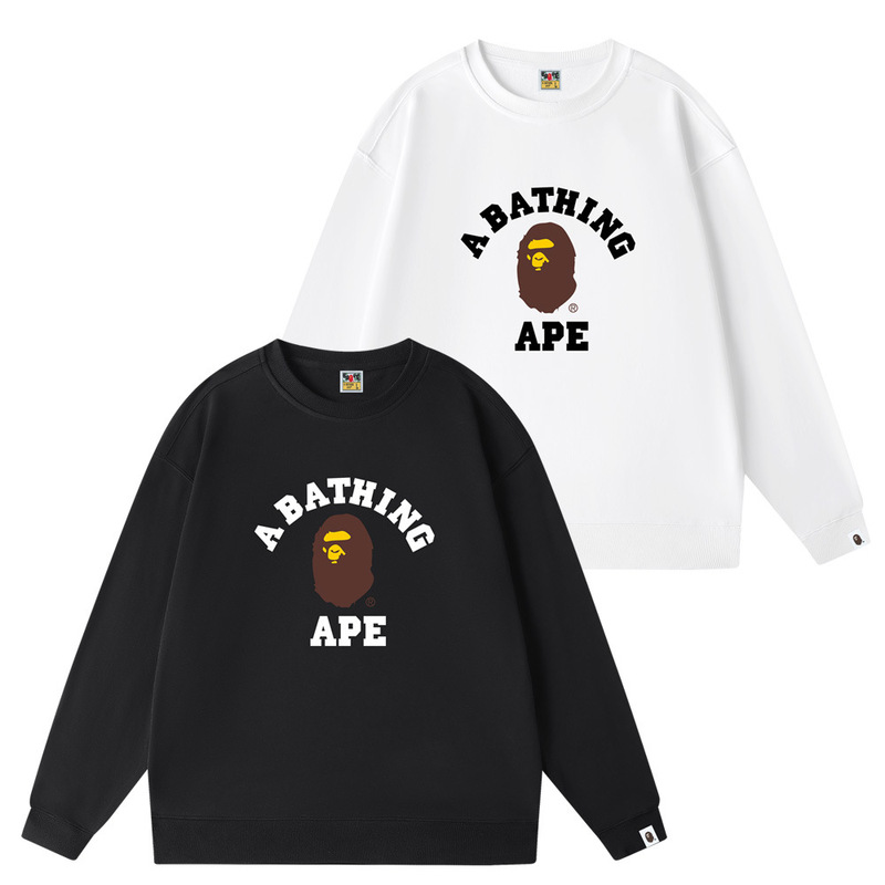 Bape Trendy Brand Spring & Fall Pure Cotton Terry Men's Sweatshirt Round Neck Letter Print Casual Loose Men's and Women's Trendy Monkey Head