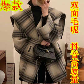 秋冬季新款海军领呢子毛呢外套宽松羊驼绒百搭大衣女双面格子短款