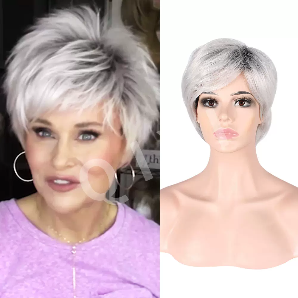 欧美时尚假发女漂染短发蓬松卷发银白色化纤整顶头套批发