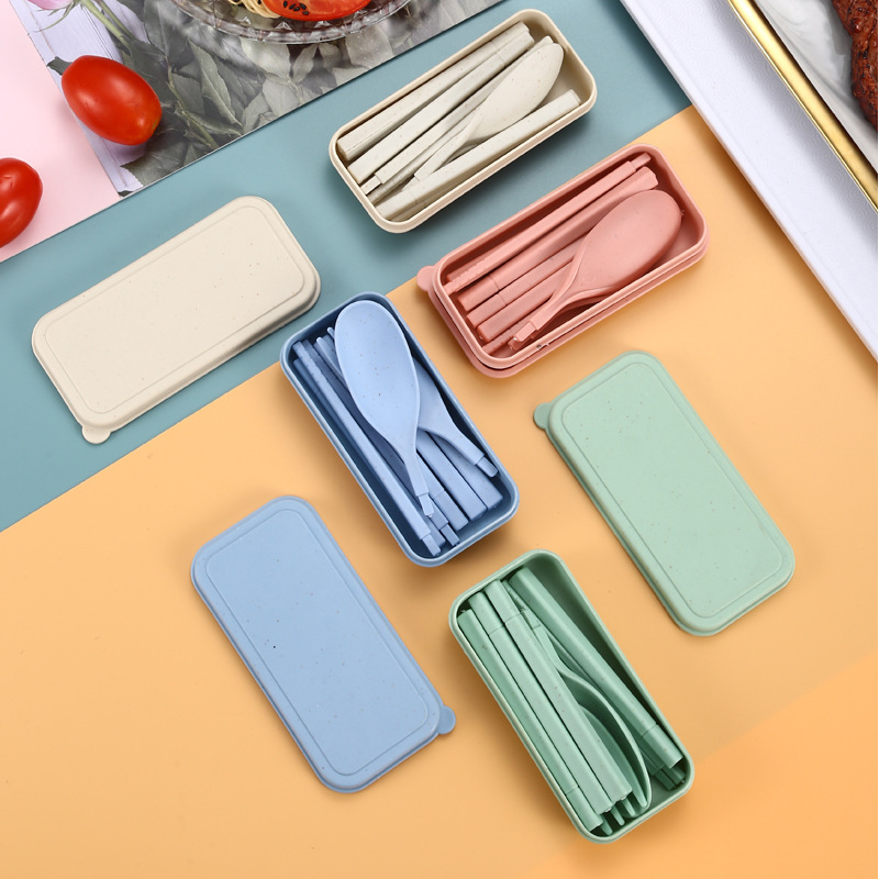 Venta directa de fábrica vajilla plegable paja de trigo conjunto de tres piezas creativo conveniente extraíble palillos tenedor palillos traje de regalo