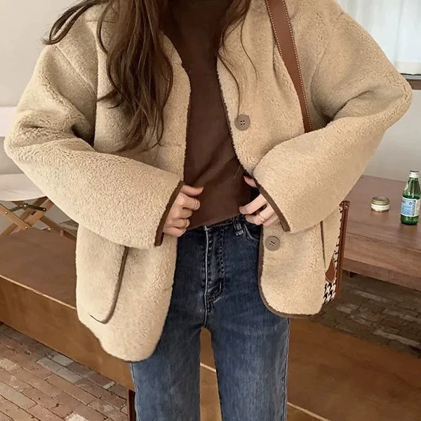 Темперамент лоскутное кашемировое пальто женское корейское свободное зимнее пальто с круглым вырезом кардиган с длинными рукавами