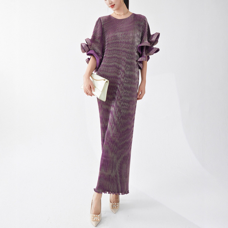 Foreign Trade Export European and American Clothing Plus Size Dress Women's Summer Long Skirt Bell Sleeve Pleated Slim French Dress Skirt