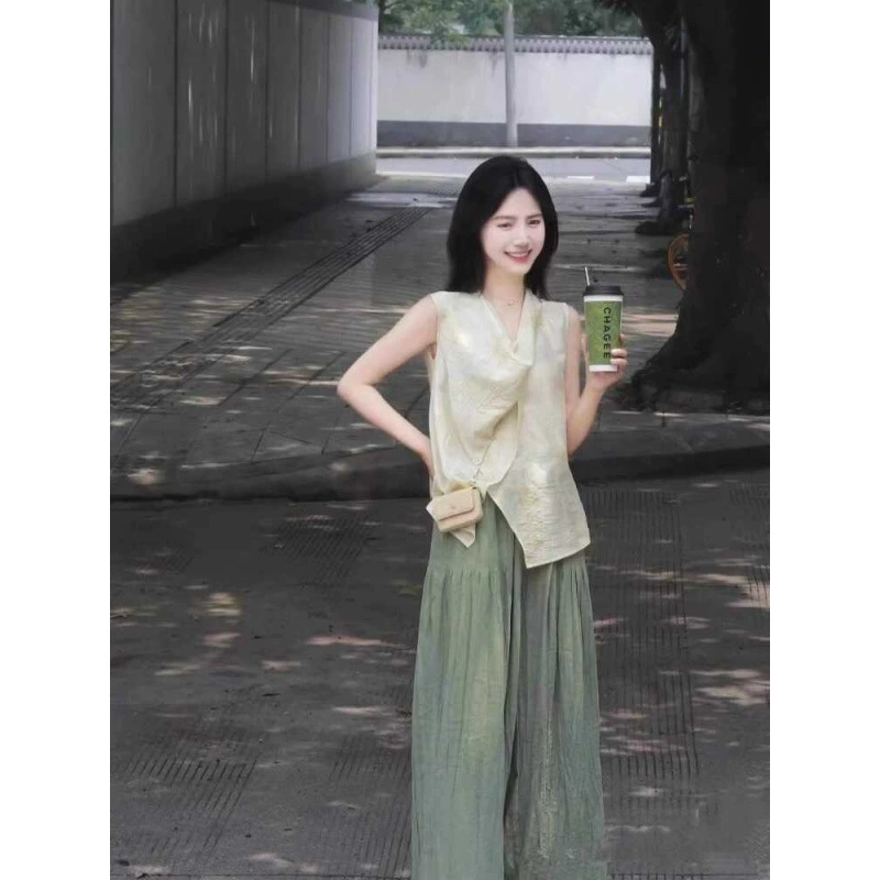 Mint Mambo носит новый летний китайский ретро-костюм в стиле дзен, супер-фея, топ без рукавов, широкие брюки, комплект из двух предметов для женщин