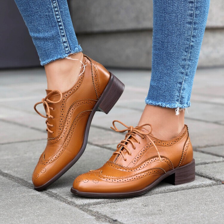 2024 summer new British vintage Brock shoes round toe thick heel color matching lace-up women's shoes foreign trade