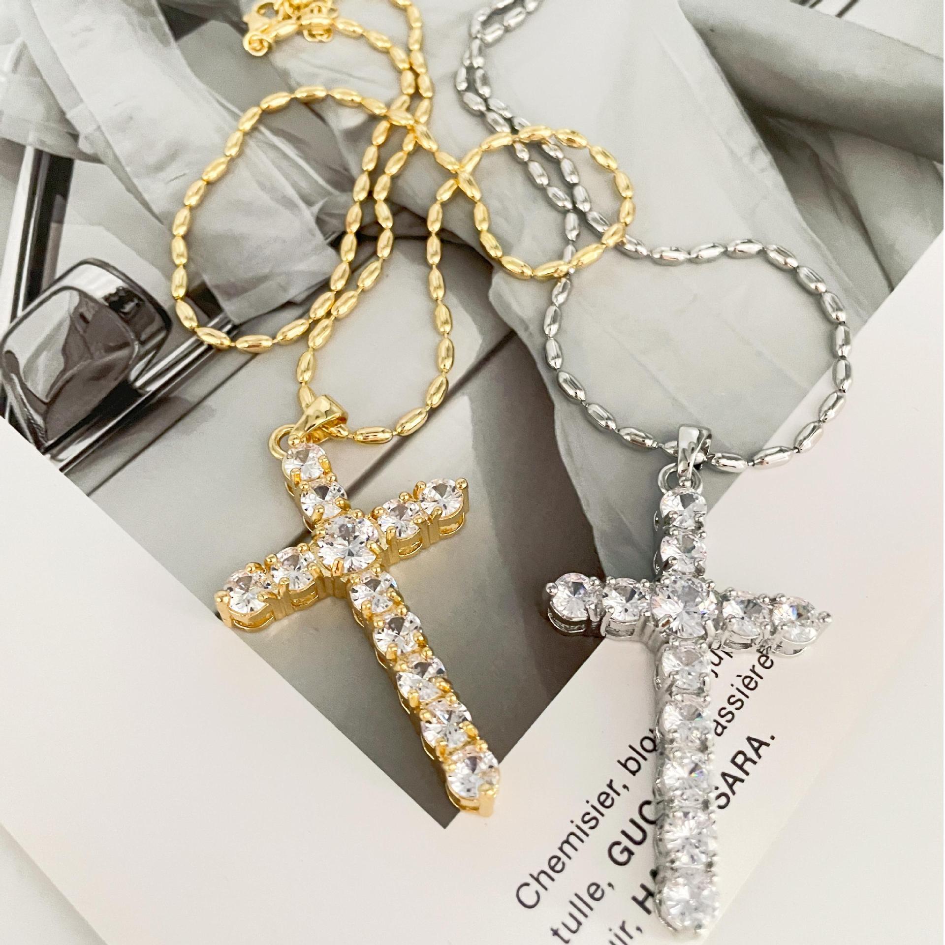Zircon Inlay Material Pendant Necklace Classification Copper Chain Material Copper Ball Chain Plating Cross Zircon Pendant Necklace