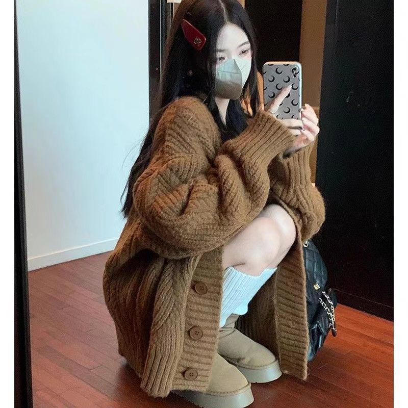 Milky Thick Brown Sweater Jacket for Women in Autumn and Winter Loose Lazy Style Twist Retro Knitted Cardigan Outer Top
