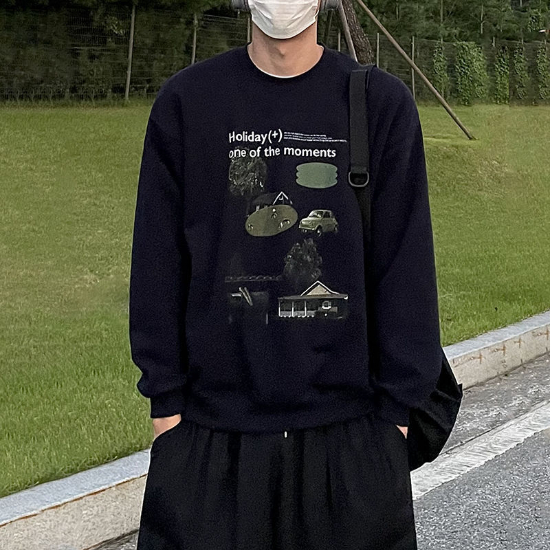 [Clearance] American Retro Printed Sweatshirt for Men, Spring and Autumn, Loose Casual Pure Cotton Pullover, Crew Neck, Long Sleeves
