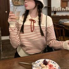 法式甜美蝴蝶结条纹毛衣女2025冬季新款小个子翻领宽松针织衫上衣