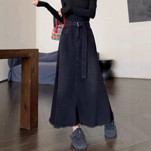 UNMUN秋季复古港风黑色毛边牛仔半身裙女辣妹高腰宽松显瘦大裙摆a