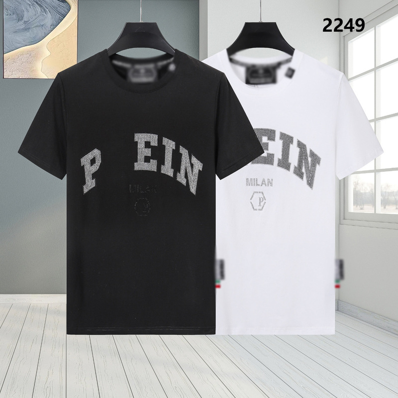 Summer New Plein Men's Short-Sleeve T-Shirt, Breathable, Round Neck, Slim Fit, High-Quality, with Rhinestone Letter Pattern