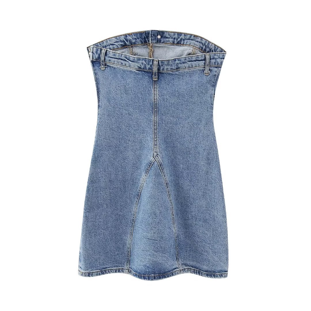 Women's Denim Dress Streetwear Strapless Zipper Sleeveless Solid Color Midi Dress Street display picture 2