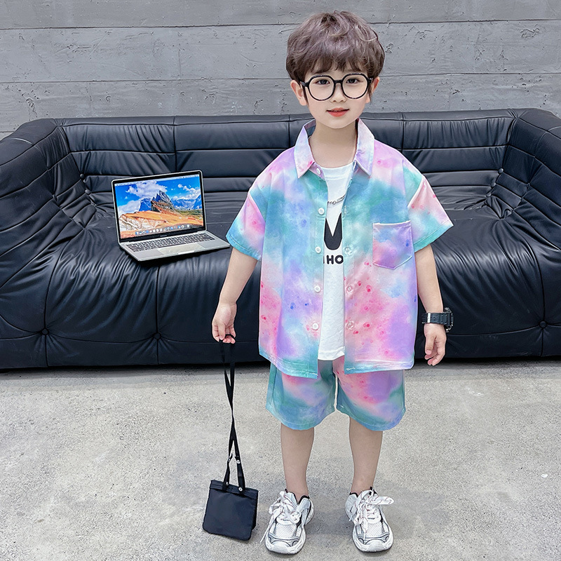 7304 traje de verano para niños, camisa de manga corta para niños guapos, pantalones cortos, verano 2025 nueva ropa de playa de vacaciones