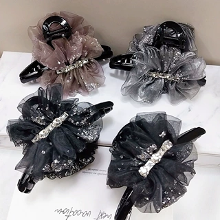 高档轻奢云朵网纱水晶蝴蝶结抓夹闪钻高级感鲨鱼夹名暖发夹女发饰