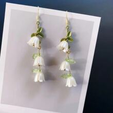 森系白色铃兰花耳环 小众设计ins珍珠长款流苏耳坠蚊香盘耳夹耳饰