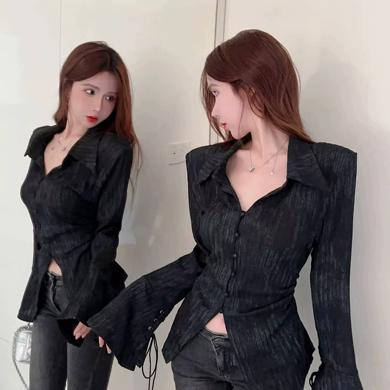 Официальная картина реальная цена рубашки с длинными рукавами для женщин осень новая горячая девушка тонкая и чистая дизайнерская рубашка с лацканом