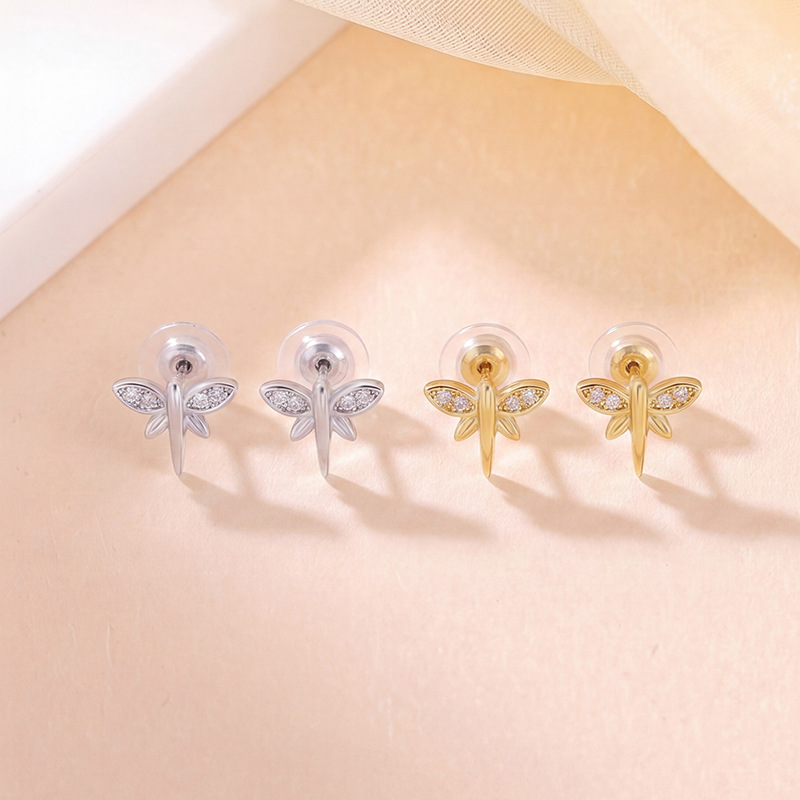 Khuyên tai bạc S925 mạ vàng hình lá cây chuồn chuồn cỏ bốn lá đính đá phong cách nhẹ nhàng — Kiểu hai bạc
