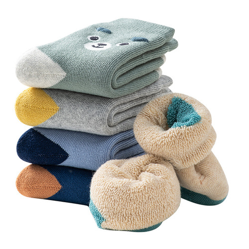 Quintuple-Tile Children's Socks, Fleece Lined, Thick and Warm Trendy Kids' Socks, Thick Cotton Breathable Odor-Preventing Warm Ribbed Socks