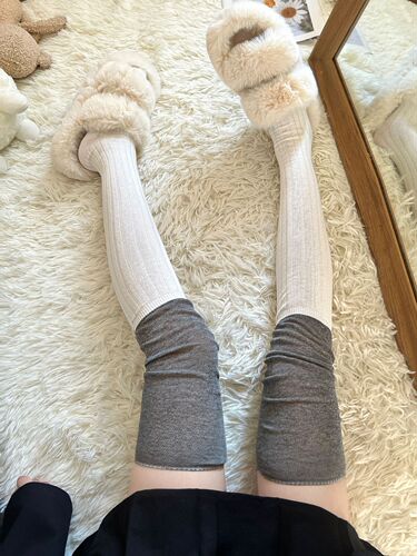 Korean-style white and gray striped long socks for women, beige and khaki color block over-the-knee socks, Japanese-style color-matched tall socks, piled-up socks