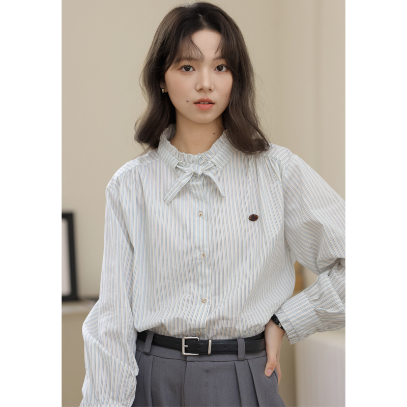独特别致上衣立领系带收领衬衣女2025秋季新款日系蓝色条纹衬衫|undefined