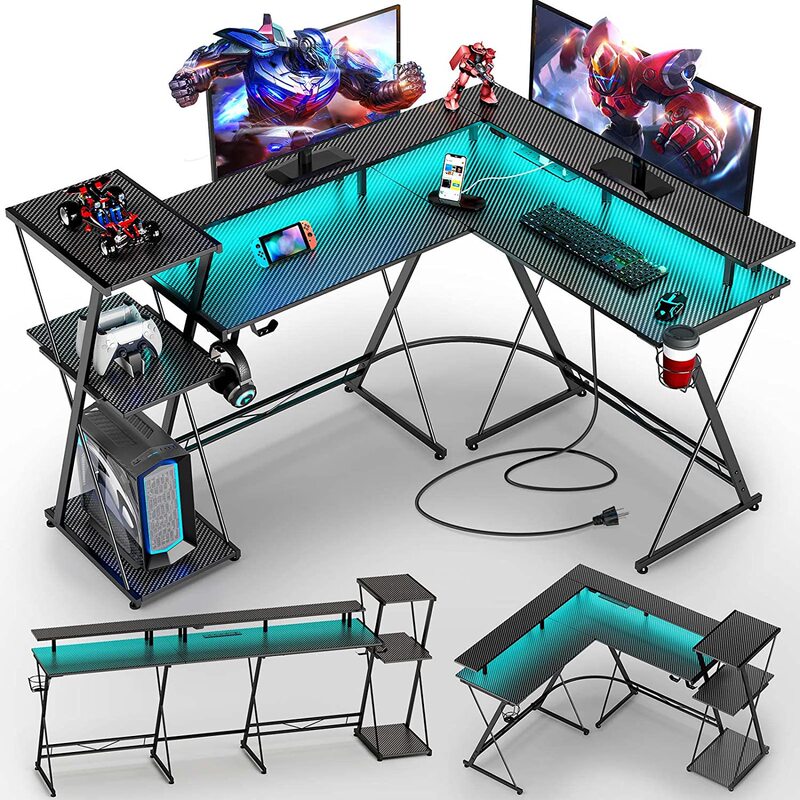 L-shaped game table with LED lights and power sockets, 50-inch double-sided computer desk with storage rack