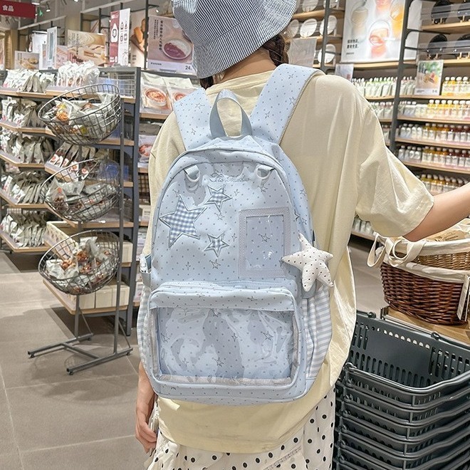 Japanese-style light ice blue DIY transparent window backpack, gentle fairy-style small backpack for shopping and outings, creating an atmospheric vibe