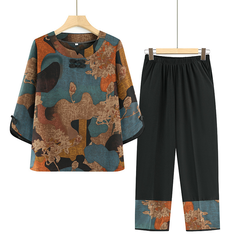 Middle-Aged and Elderly Summer Suits for Women, Grandma Silk T-Shirts, Round Neck, Mom, Summer Clothes for the Elderly and Ladies