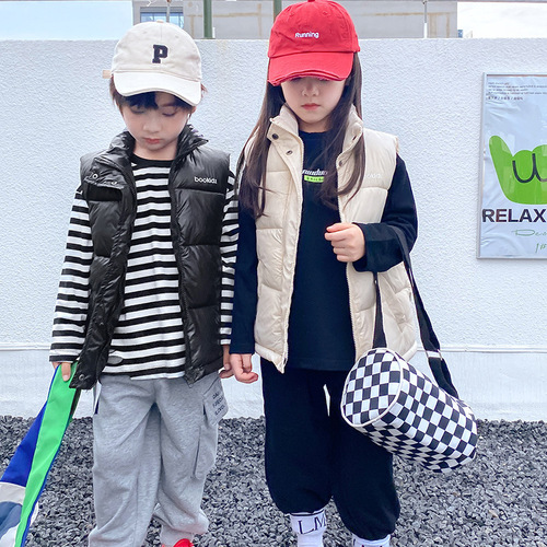  Winter Children's Thick Down Cotton Vests with Stand Collar for Boys and Girls, Spring and Autumn Outerwear, Kimono-style Backless Jacket