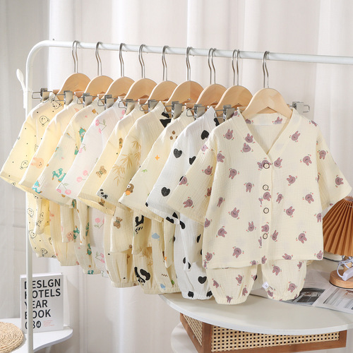 Children's thin pajamas set baby pure cotton Korean style home clothes for boys and girls breathable gauze cardigan air-conditioned clothes