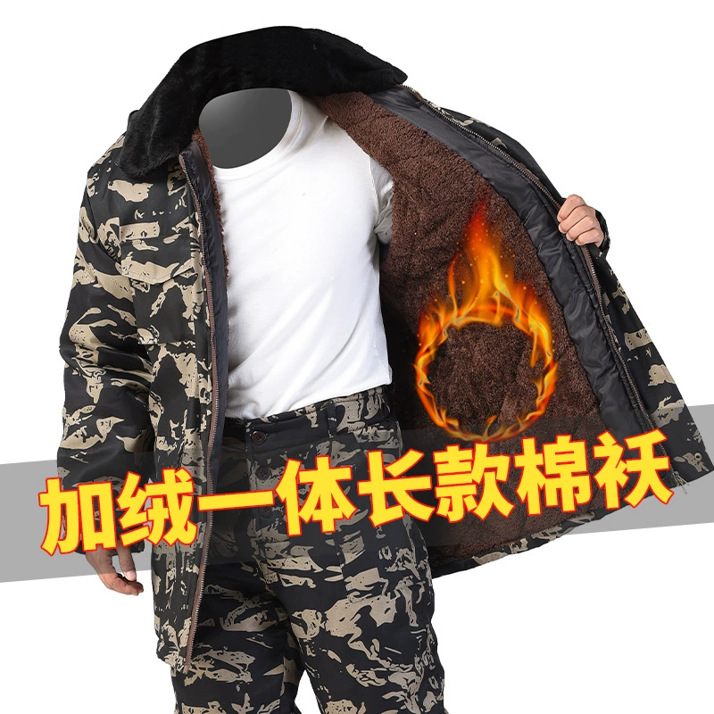 Хлопковое пальто Удлиненная зеленая хлопковая одежда в стиле милитари Мужское зимнее пальто Утолщенная хлопковая подкладка Одежда для холодного хранения Пальто с хлопковой подкладкой Камуфляжная Рабочая одежда