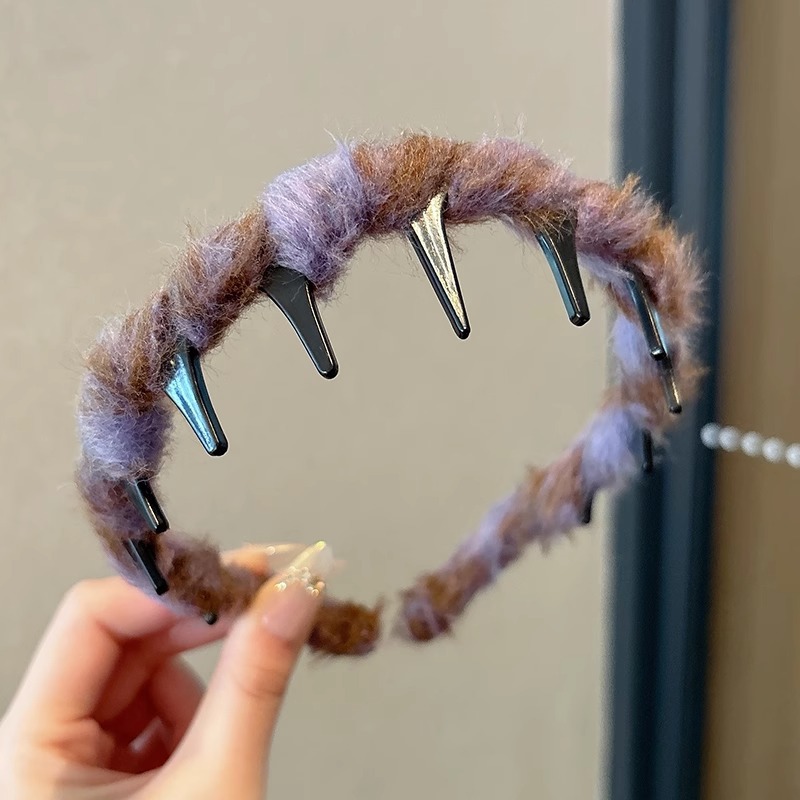 Alto cráneo de lana ondulado banda de cabello para mujeres lavado de cara maquillaje especial banda de cabello con dientes antideslizante acabado de cabello agrupado tocado