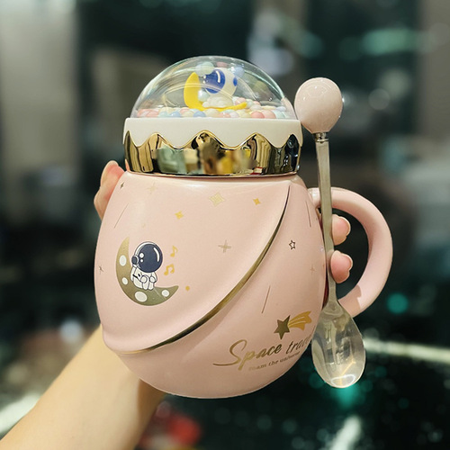 Astronaut Series Space Lid Cup with Spoon Ceramic Couple Water Cup Gift Set for Girlfriend, Ideal Gift for Boyfriend