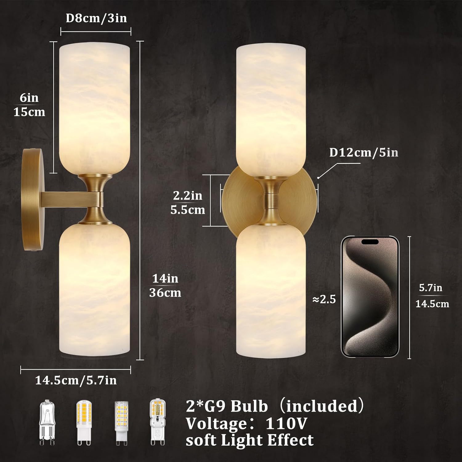 Aplique de Pared de Mármol Natural de Piedra Natural y Hierro, Iluminación Superior e Inferior, LED, para Dormitorio y Cabecera de Cama image 4