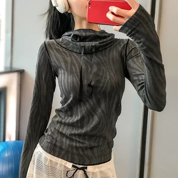 一件代发显瘦健身长袖女运动帽衫弹力快干衣瑜伽服训练打底衫