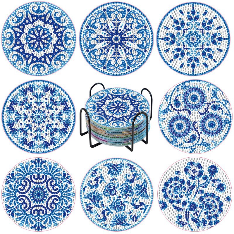 Taza de pintura de diamante personalizada almohadilla de taza de perforación completa almohadilla de aislamiento térmico redonda almohadilla de mesa de comedor de animales DIY forma especial almohadilla de taza con estante al por mayor