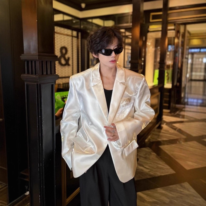 Fashionable Design Textured Suit Jacket for Men and Women Spring New High-End Silver Gray Small Suit