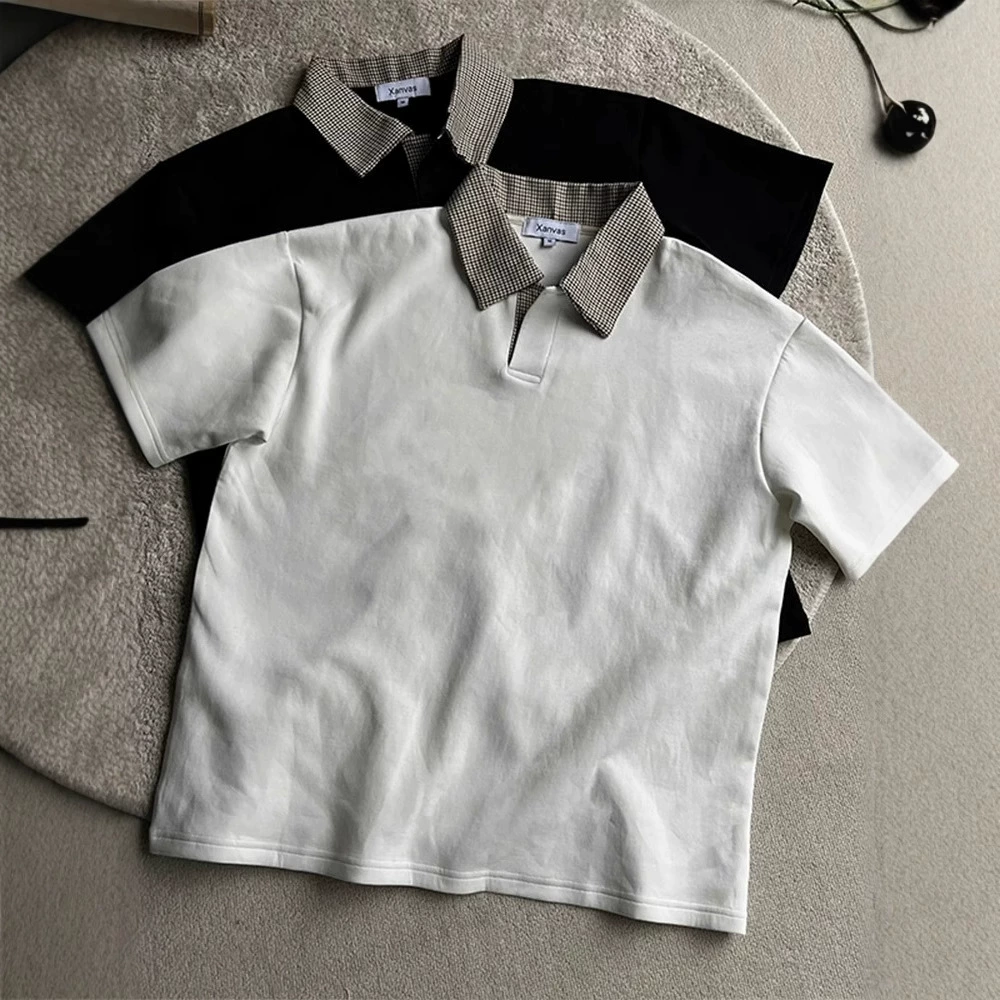 Houndstooth spliced ​​polo shirt short-sleeved men's American old money style shoulder T-shirt cleanfit lapel half sleeve