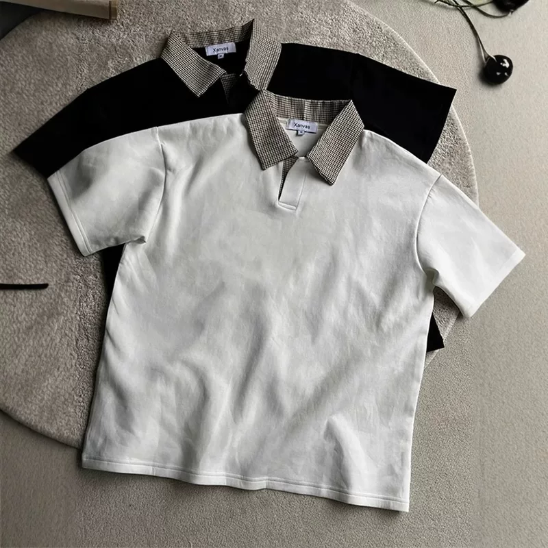 Houndstooth spliced ​​polo shirt short-sleeved men's American old money style shoulder T-shirt cleanfit lapel half sleeve