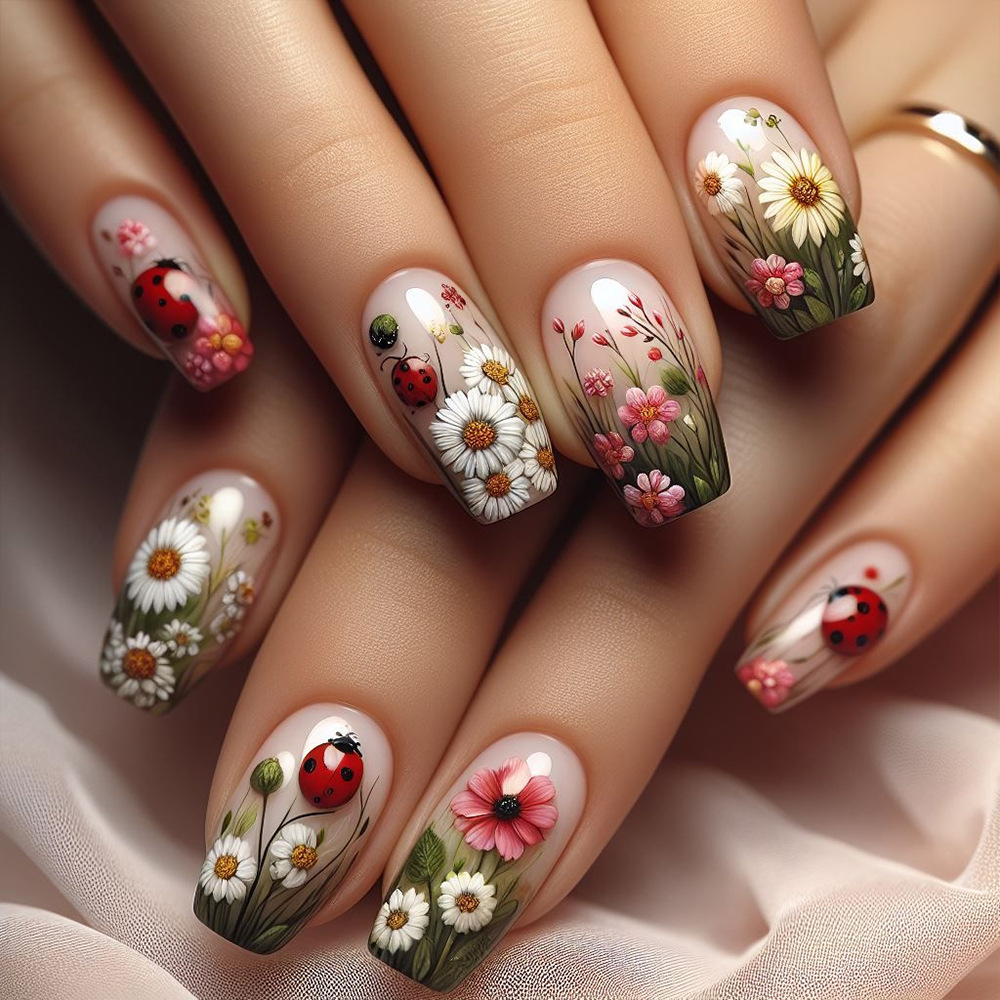 Primavera margarita pintura a óleo de manicura flor mariquita parche de uñas falsas venta transfronteriza ballet tipo uñas