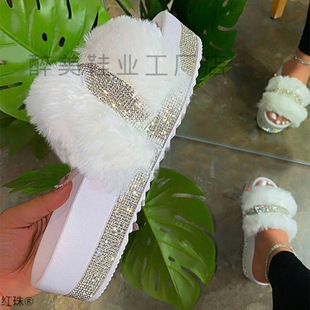 Wish Source Thick-Soled Rhinestone Furry Slippers for Women Autum New Flats-Soled Flip-Flops Cross-Border Large Size Export Women's Shoes