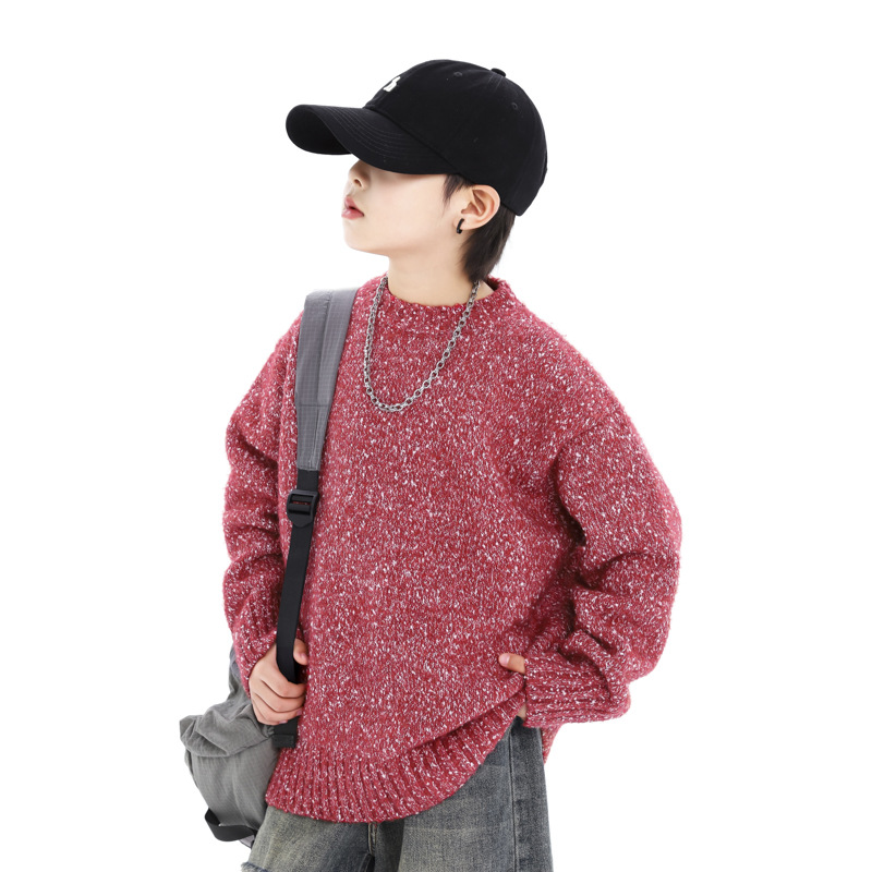 Demi-season red children's winter knitted sweater for boys