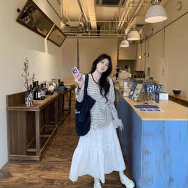 原版色织雪花条纹 小众复古慵懒撞色设计条纹圆领T恤女长袖打底衫